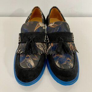John Fluevog Black Suede and Mulit-Fabric "Loafers"